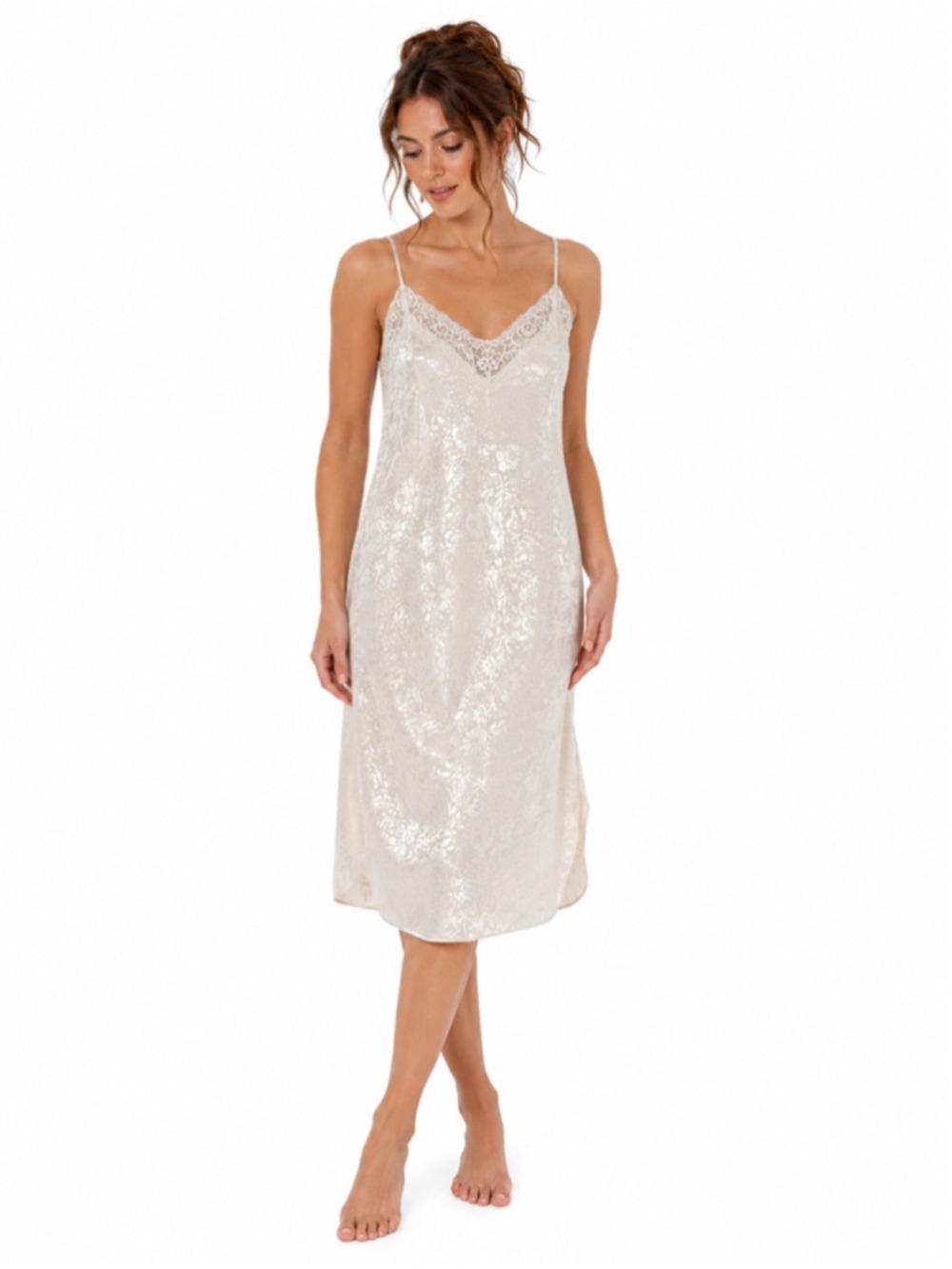 VINTAGE Negligee Ivory Cream Satin Jacquard & Lace Spaghetti Strap Nightgown, L